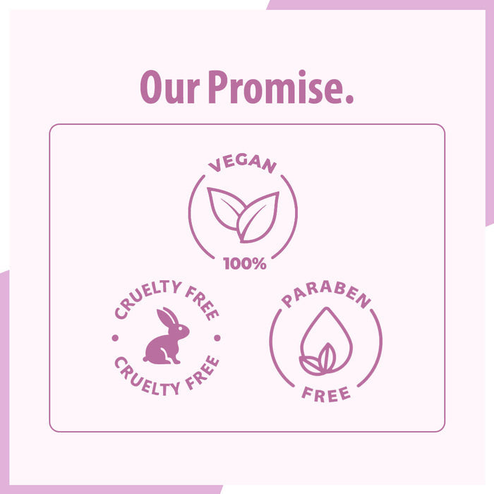 Promotional graphic with 'Our Promise' text and icons for vegan, cruelty-free, paraben-free products on a light pink background.