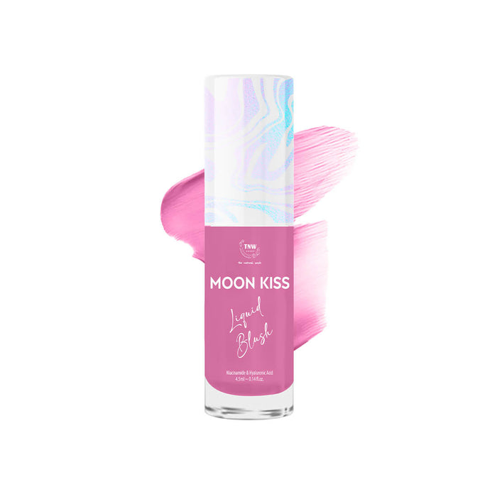 Pink liquid blush bottle with 'Moon Kiss' branding on a white background
