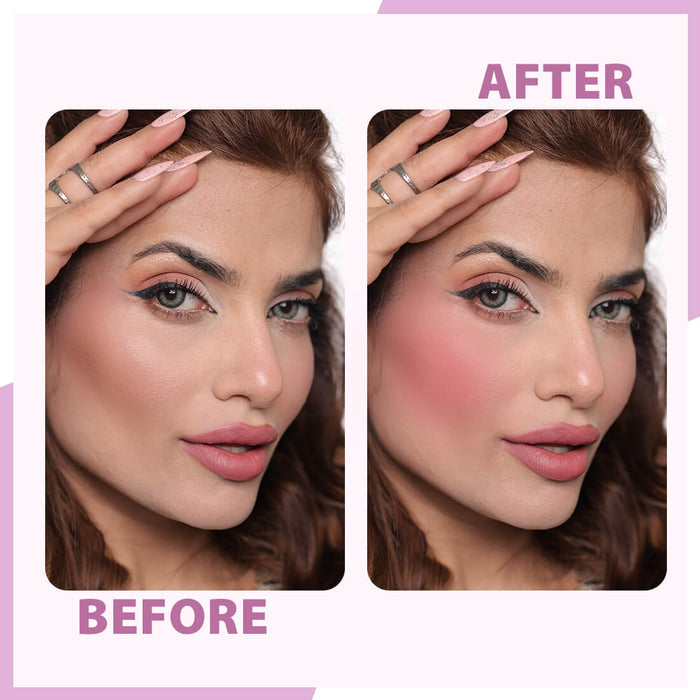 Before and after makeup comparison on a woman's face with a pink background.