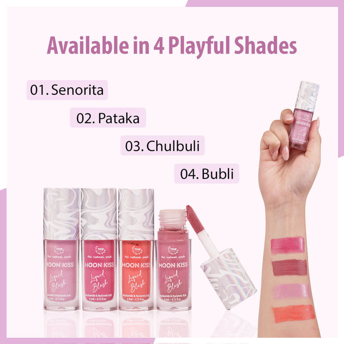Lip tint products with swatches and color names on a pink background