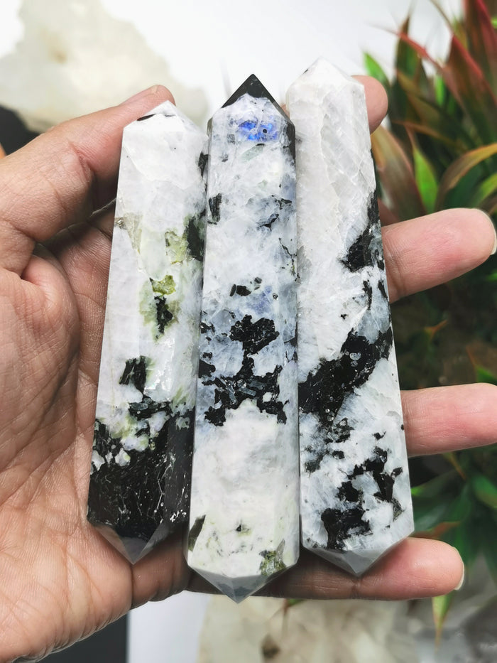 Moonstone double terminated point - handmade carvings - energy/chakra/reiki - 75 gms - ONE PIECE ONLY - Shwasam