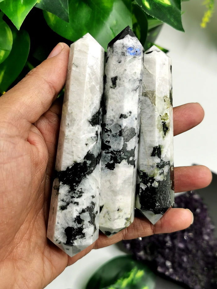 Moonstone double terminated point - handmade carvings - energy/chakra/reiki - 75 gms - ONE PIECE ONLY - Shwasam