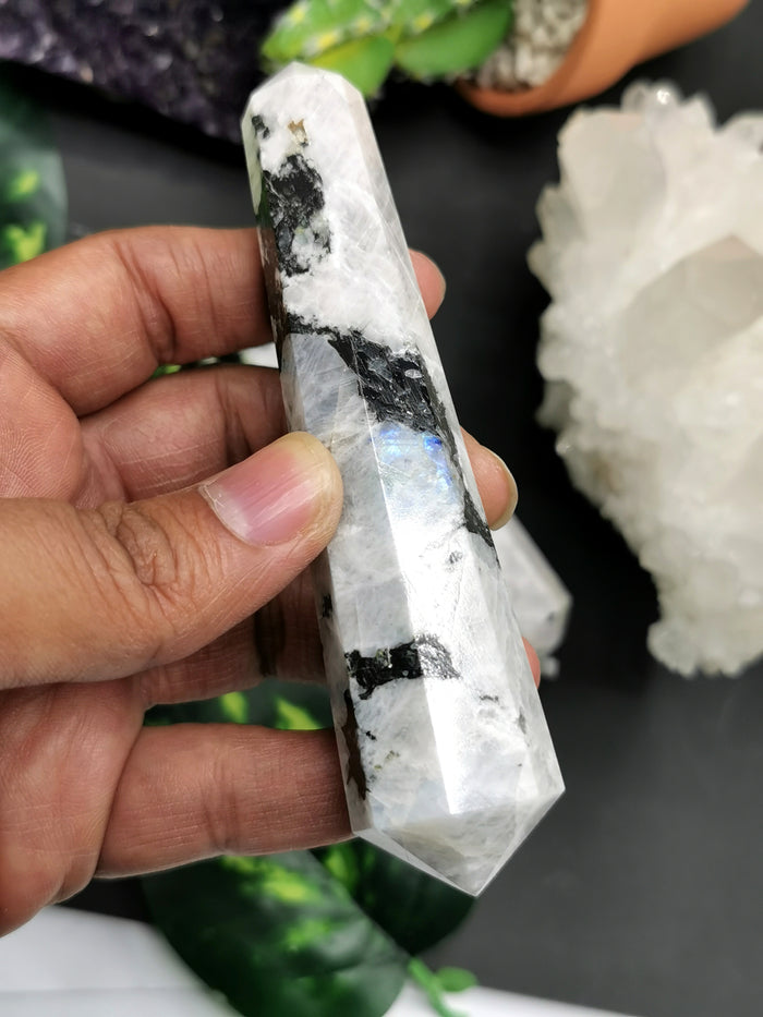 Moonstone double terminated point - handmade carvings - energy/chakra/reiki - 75 gms - ONE PIECE ONLY - Shwasam