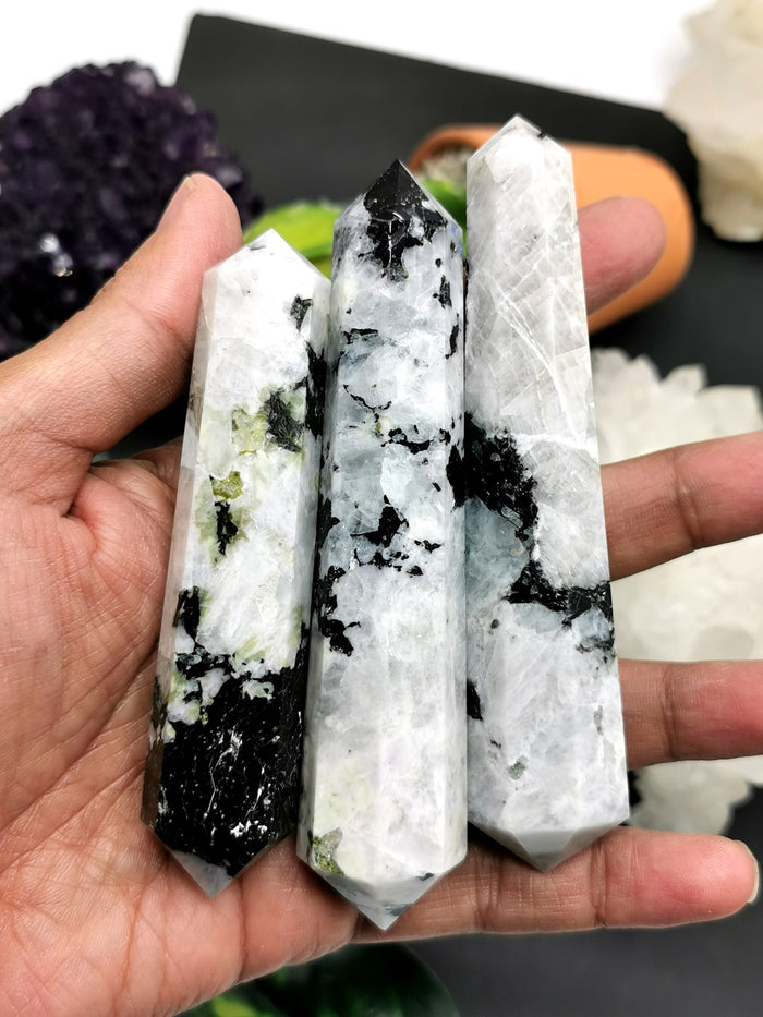 Moonstone double terminated point - handmade carvings - energy/chakra/reiki - 75 gms - ONE PIECE ONLY - Shwasam