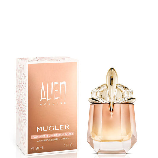 Mugler Alien Goddess Supra Florale EDP 30ml bottle and rose-gold box on white background, labelled Vaporisateur Spray 1 Fl. Oz.