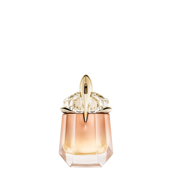Mugler Alien Goddess Supra Florale EDP 30ml bottle with peach faceted glass and gold crystal cap on white background.