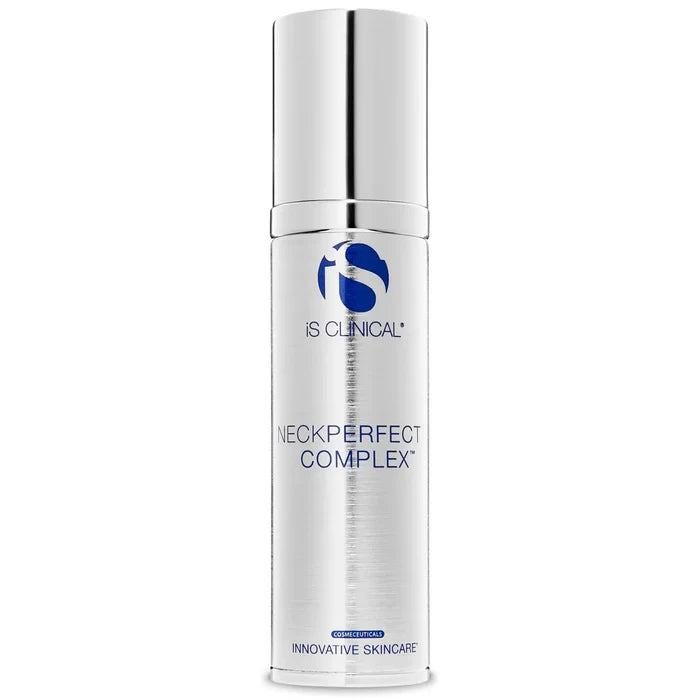 Silver cylindrical bottle of iS Clinical NeckPerfect Complex with blue logo and text on white background