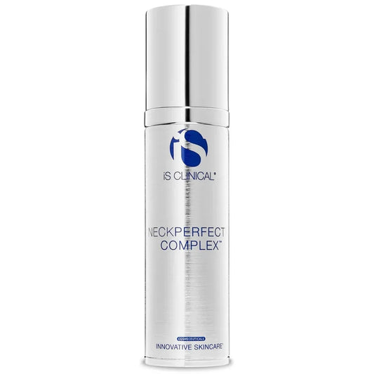 Silver cylindrical bottle of iS Clinical NeckPerfect Complex with blue logo and text on white background