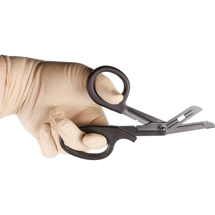 NAR Trauma Shears by North American Rescue NAR in a gloved hand - includes O2 wrench