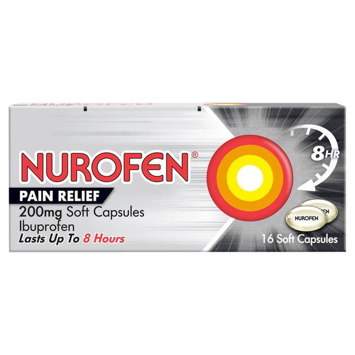Nurofen Pain Relief 200mg Soft Capsules Ibuprofen 16 pack, silver/grey box with red target logo, "Lasts Up To 8 Hours"