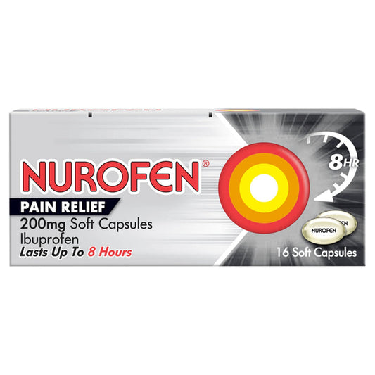 Nurofen Pain Relief 200mg Soft Capsules Ibuprofen 16 pack, silver/grey box with red target logo, "Lasts Up To 8 Hours"