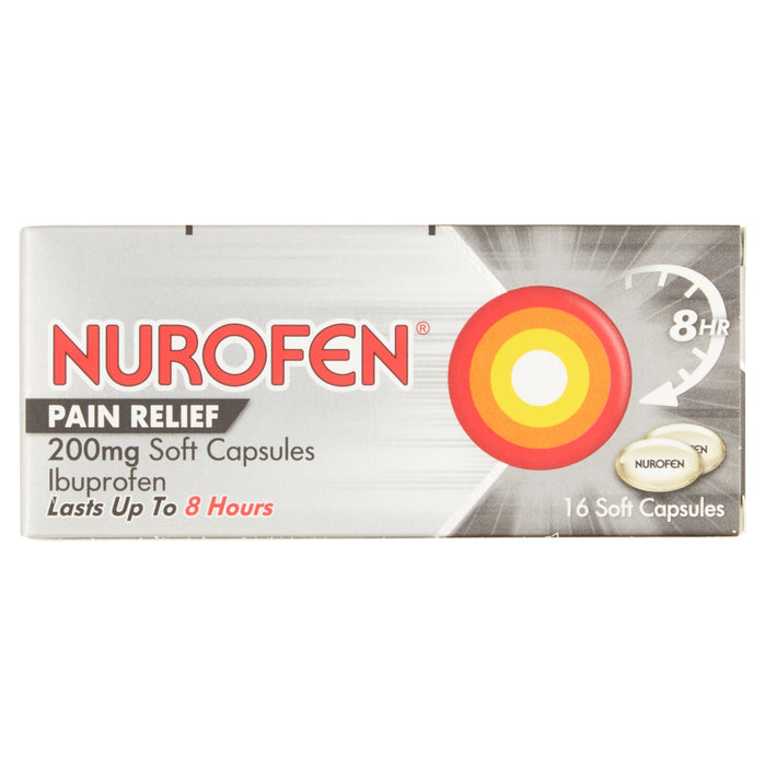 Nurofen Pain Relief 200mg Ibuprofen 16 Soft Capsules grey box with red logo, 8HR icon and capsule image on white background
