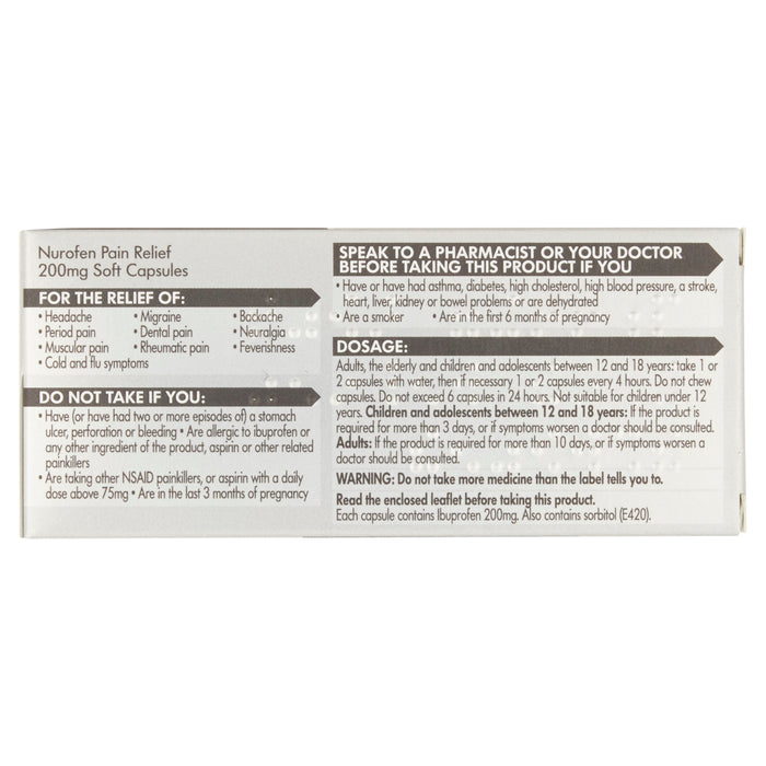 Nurofen Pain Relief Ibuprofen 200mg Soft Capsules box back panel on white background showing dosage and warnings text.