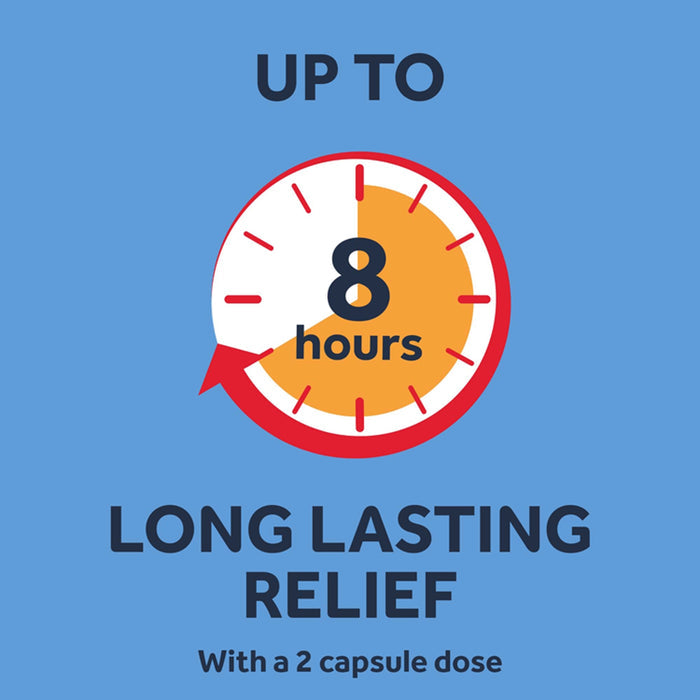 Nurofen Ibuprofen 200mg Soft Capsules infographic on blue background showing clock icon with "Up To 8 Hours Long Lasting Relief With a 2 capsule dose"