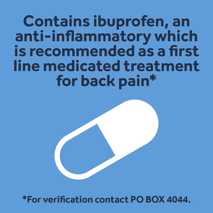 Blue background with white capsule icon. Text: "Contains ibuprofen, an anti-inflammatory recommended as first line treatment for back pain"