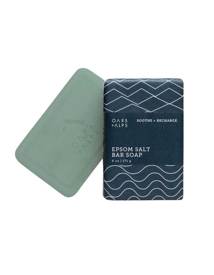 Epsom Salt Bar Soap packaging with navy blue design and white wave pattern