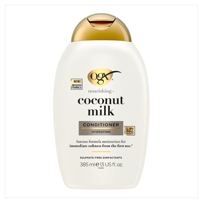 OGX Nourishing+ Coconut Milk Conditioner 385ml white bottle with gold cap on white background, labelled hydrating, sulphate-free surfactants