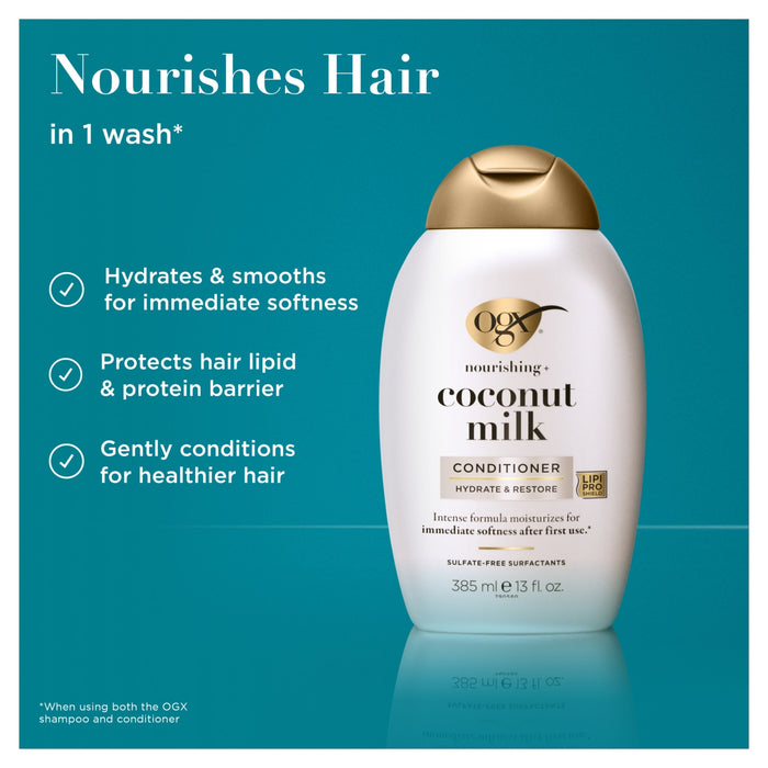 OGX Nourishing+ Coconut Milk Conditioner 385ml bottle with gold cap on teal background, labelled "Hydrate & Restore, Sulfate-Free"