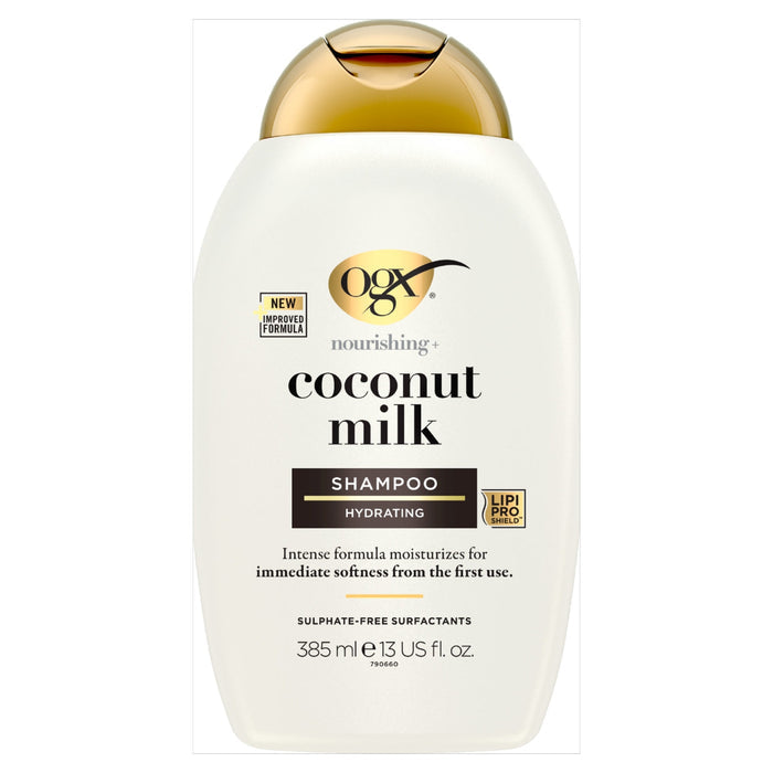 OGX Nourishing+ Coconut Milk Shampoo 385ml white bottle with gold cap on white background, labelled Hydrating, Sulphate-Free Surfactants