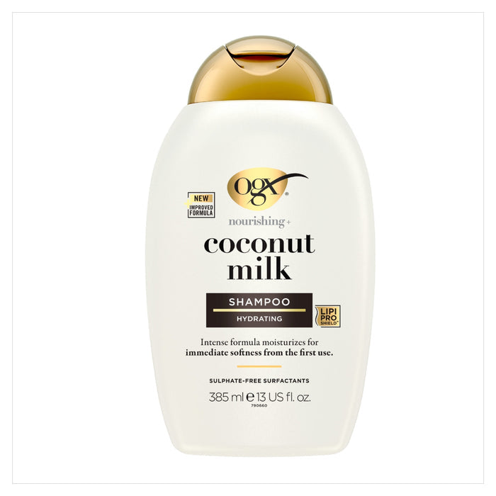 OGX Nourishing+ Coconut Milk Shampoo 385ml white bottle with gold cap on white background, labelled Hydrating, Sulphate-Free Surfactants