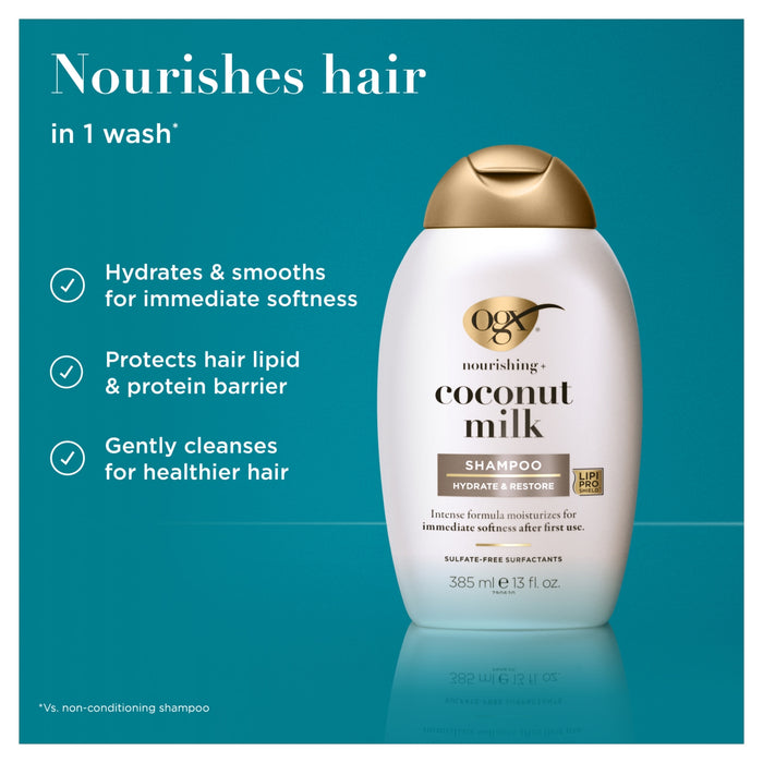 OGX Nourishing+ Coconut Milk Shampoo 385ml bottle with gold cap on teal background, labelled "Hydrate & Restore, Sulfate-Free"