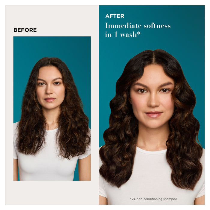 Before and after comparison showing OGX Coconut Milk Shampoo results on dark wavy hair against teal background. Text: "Immediate softness in 1 wash"