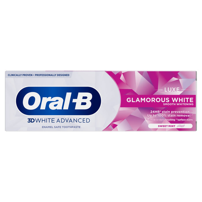 Oral-B 3D White Advanced Luxe Glamorous White toothpaste box, white and pink packaging, Sweet Mint flavour, on white background.