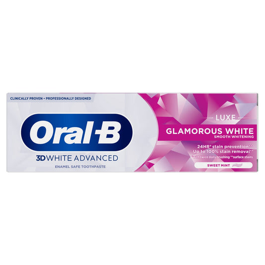 Oral-B 3D White Advanced Luxe Glamorous White toothpaste box, white and pink packaging, Sweet Mint flavour, on white background.
