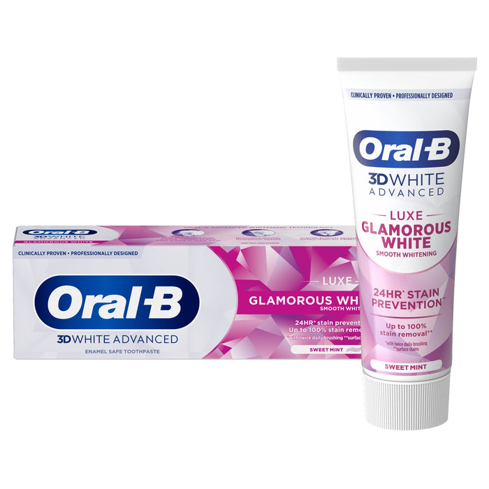 Oral-B 3D White Advanced Luxe Glamorous White toothpaste tube and box on white background, pink and white design, Sweet Mint flavour
