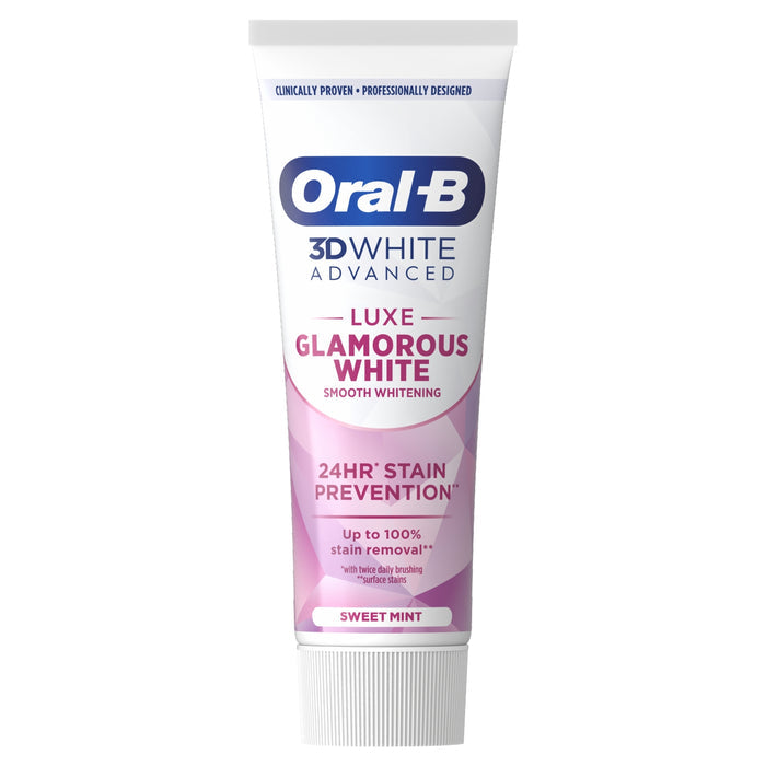 Oral-B 3D White Advanced Luxe Glamorous White toothpaste tube, Sweet Mint, 24HR stain prevention, on white background