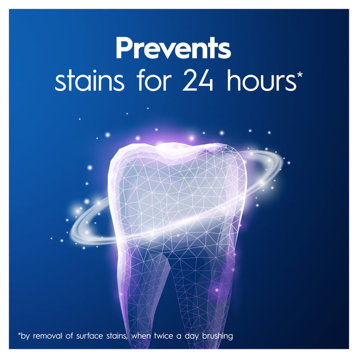 Oral-B 3D White Glamorous toothpaste graphic on blue background, glowing geometric tooth, text "Prevents stains for 24 hours"