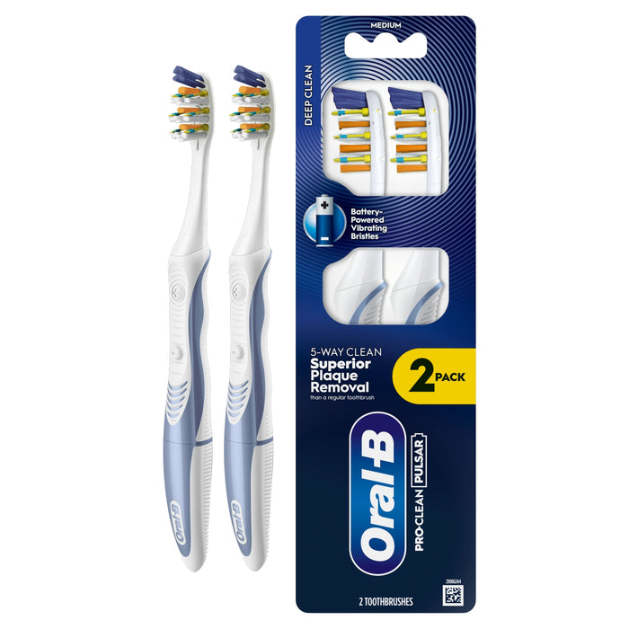 Oral-B Pro Clean Pulsar Battery-Powered Toothbrush 2 Pack with blue packaging showing "Medium" and "Deep Clean" on white background