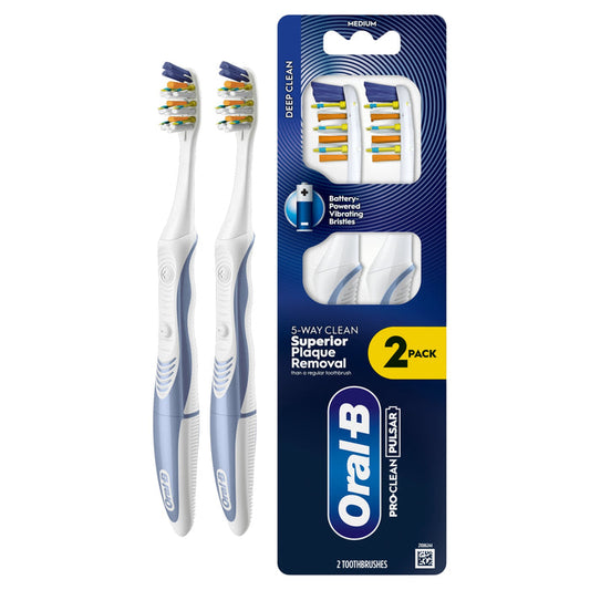 Oral-B Pro Clean Pulsar Battery-Powered Toothbrush 2 Pack with blue packaging showing "Medium" and "Deep Clean" on white background