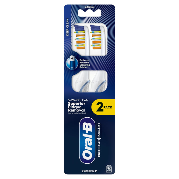 Oral-B Pro-Clean Pulsar 2 Pack toothbrushes on blue packaging, reading "Medium," "Deep Clean," "Battery-Powered Vibrating Bristles," "2 Pack"