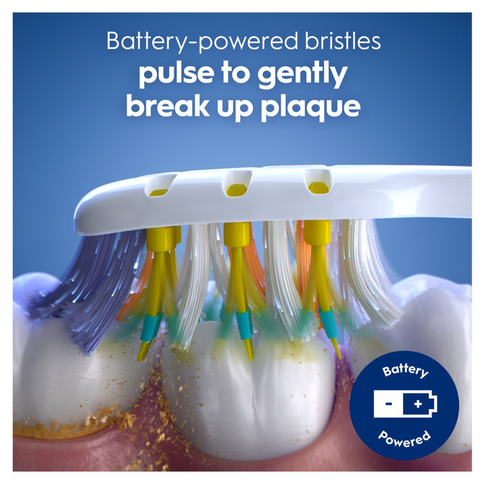 Oral-B Pro Clean Pulsar toothbrush head close-up on teeth, blue background, text: "Battery-powered bristles pulse to gently break up plaque"