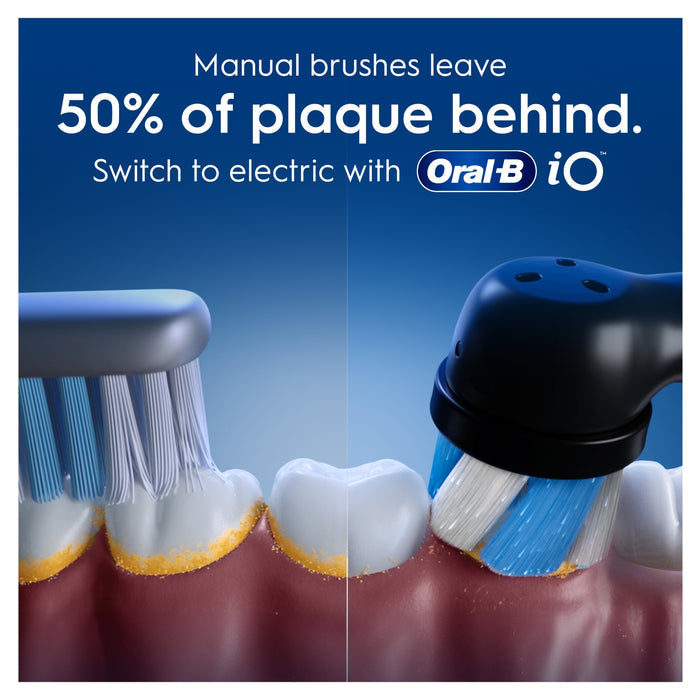 Blue background comparison showing manual brush leaving plaque on teeth vs Oral-B iO electric brush head. Text: "Manual brushes leave 50% of plaque behind."