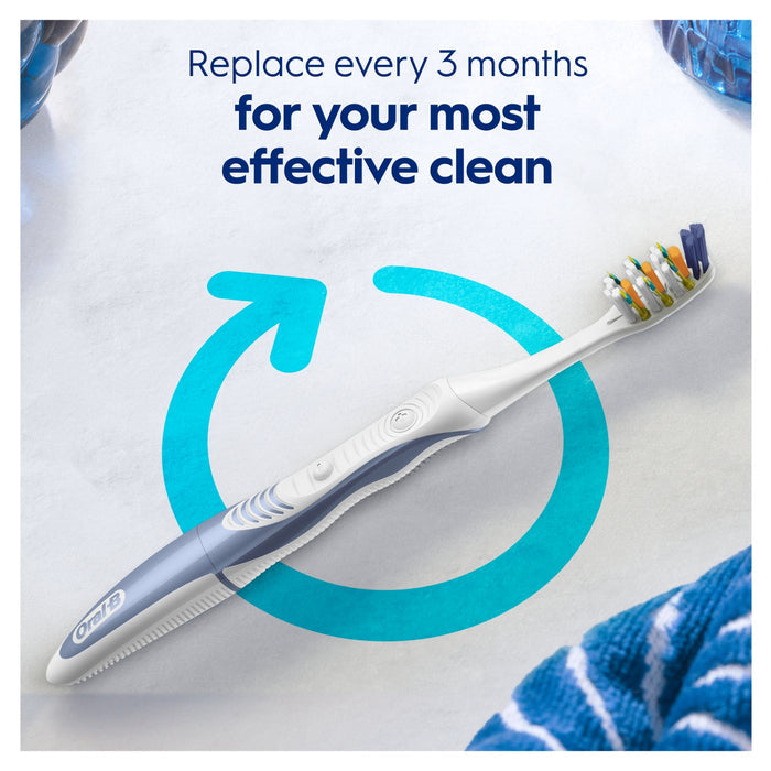 Oral-B Pro Clean Pulsar battery toothbrush on white background with teal refresh icon and text "Replace every 3 months for your most effective clean"