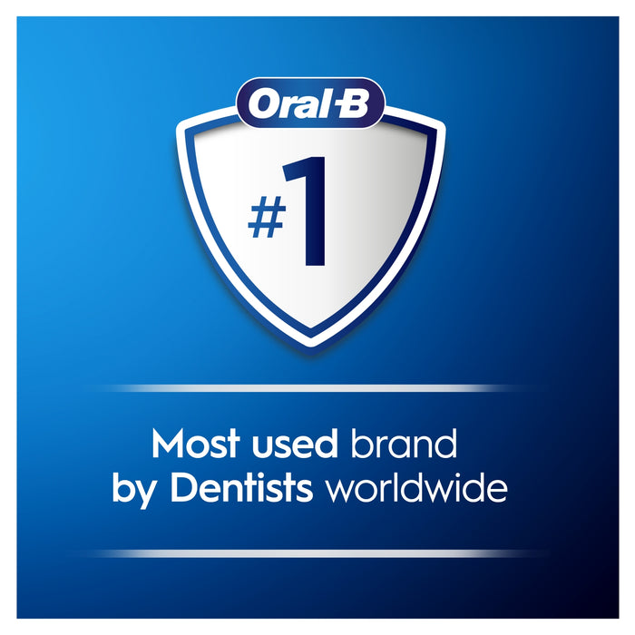 Oral-B logo on a shield with "#1 Most used brand by Dentists worldwide" text on a blue background.