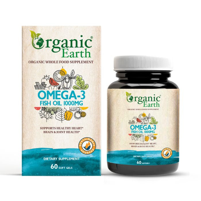 Organic Earth Omega-3 Fish Oil 1000mg, EPA & DHA for Heart, Brain and Joint Health - 60 Softgels Organic Earth