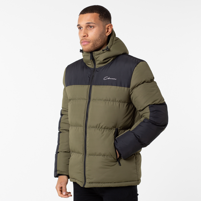 Panelled Contrast Puffer Parka | Khaki