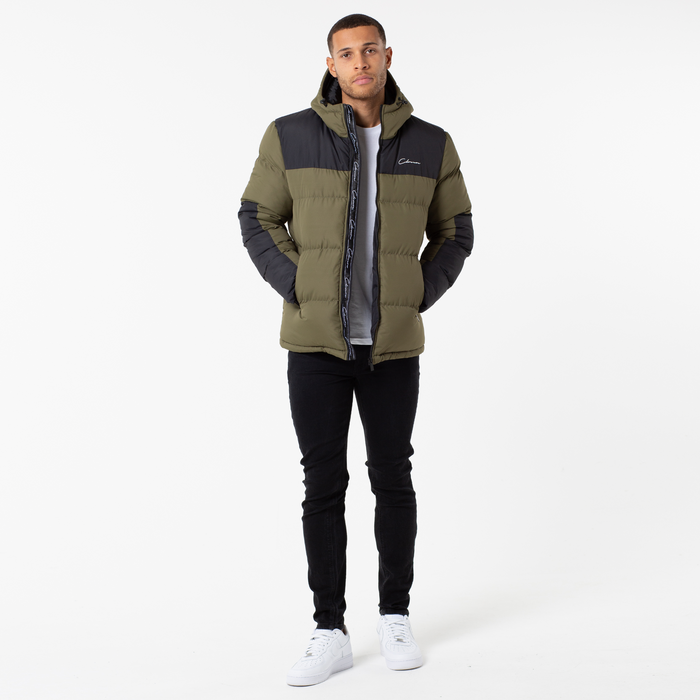 Panelled Contrast Puffer Parka | Khaki