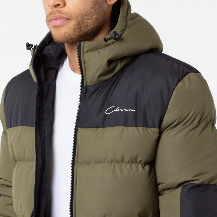 Panelled Contrast Puffer Parka | Khaki