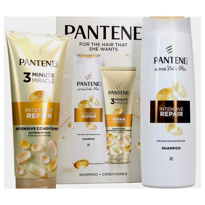 Pantene Intensive Repair Shampoo 400ml and Conditioner 220ml Gift Set on white background with gift box