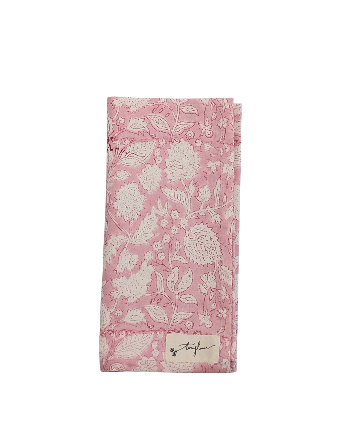 Pink Floral Block Printed Cotton Napkin 50x50cm - Precious Sparkle