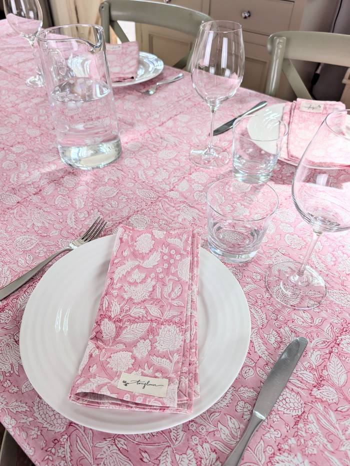Pink Floral Block Printed Cotton Napkin 50x50cm - Precious Sparkle
