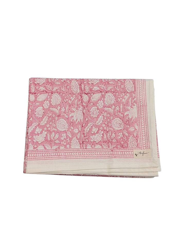 Pink Floral Block Printed Cotton Table Cloth 150x230cm - Precious Sparkle