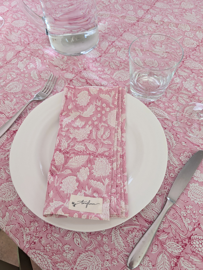 Pink Floral Block Printed Cotton Table Cloth 150x230cm - Precious Sparkle