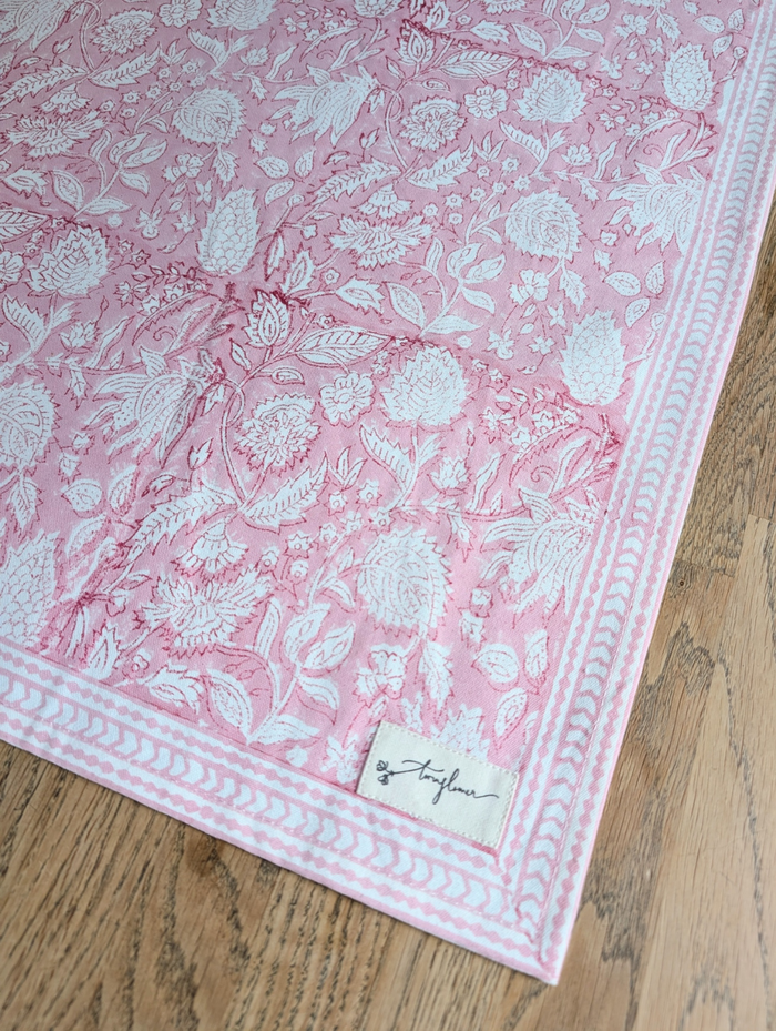 Pink Floral Block Printed Cotton Table Runner 45x150cm - Precious Sparkle