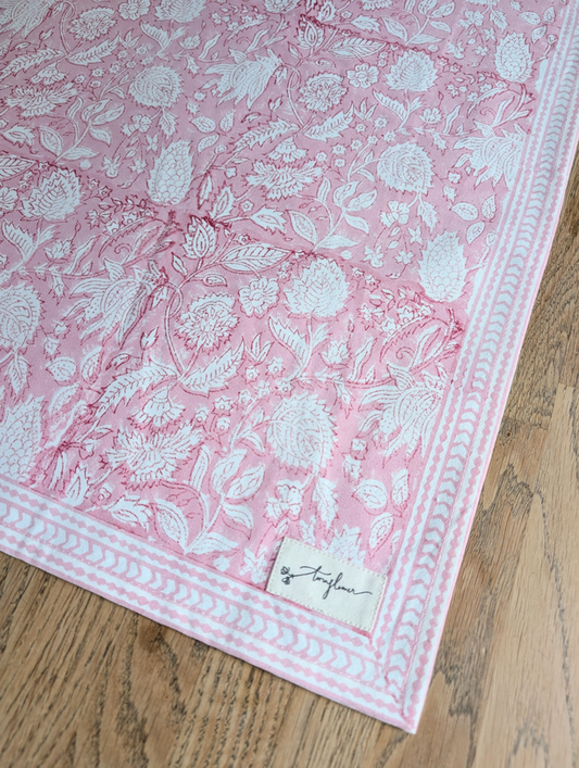 Pink Floral Block Printed Cotton Table Runner 45x150cm - Precious Sparkle