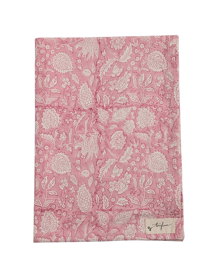 Pink Floral Block Printed Cotton Tea Towel - Precious Sparkle